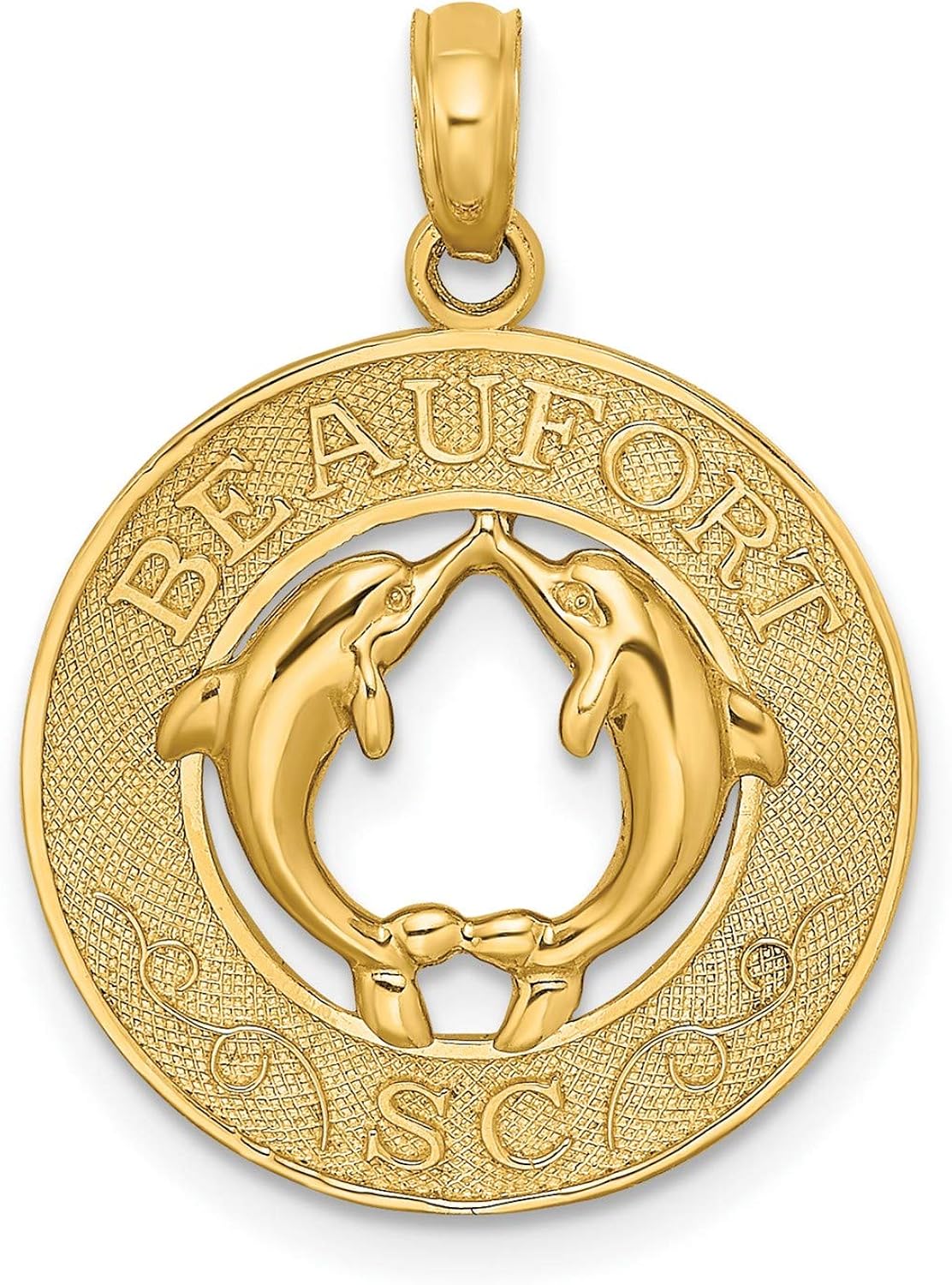 BEAUFORT SC Circle Dolphins Charm In Real 14k