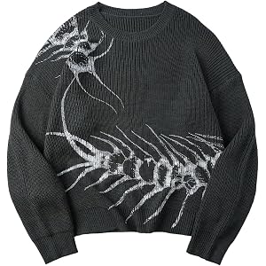 SOLY HUX Men's Grunge Crewneck Sweater Y2k Graphic Long Sleeve Knit Jumper Gothic Pullover Tops