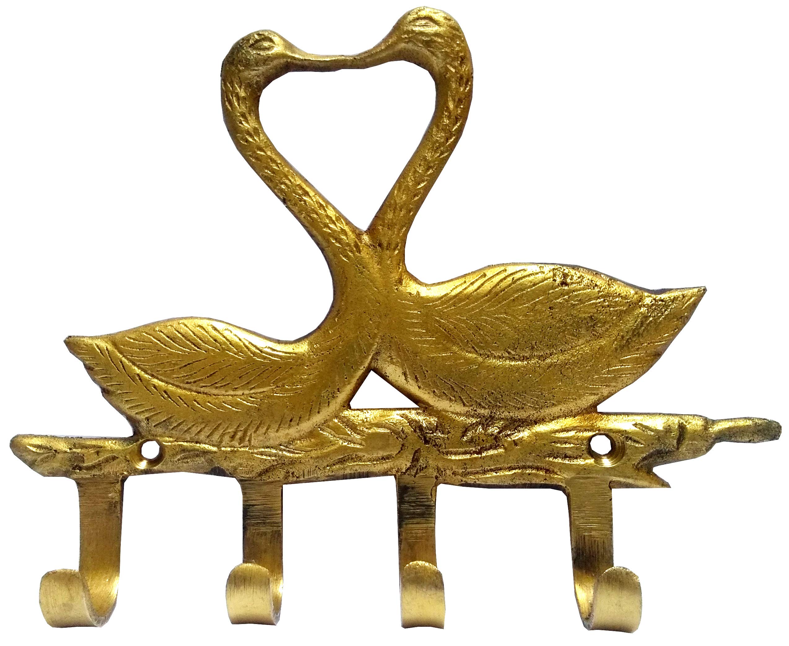 Purpledip Brass Wall Hooks 'Amorous Swans': Vintage Design Decorative Hanger (11818)