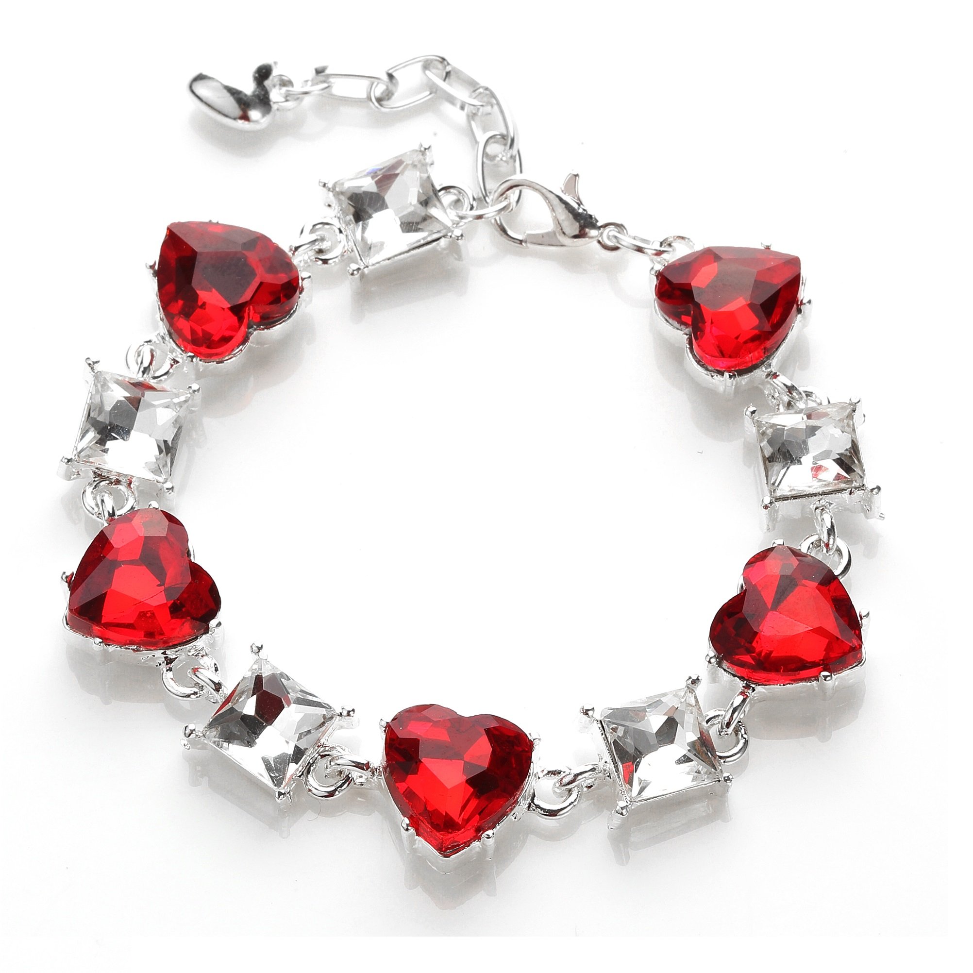 NOVADAB Red Heart Gem Tennis Bracelet, Silver Plated Red and White Stone Studded Perfect Fit Bracelet – 6.5”
