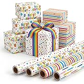 woric 4 Rolls Birthday Wrapping Paper, Colorful Gift Wrapping Paper | Happy Birthday Lettering Candles Design for Girls Boys Kids Party Baby Shower (17 in x 120 in Per Roll)