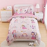 SANDJEST Princess Comforter Set Twin Size 68x86in for Kids Girls, Microfiber 3 Pcs Bedding Set Includes 1 Comforter, 1 Pillowcase, 1 Fitted Sheet, Nursery Room Decor