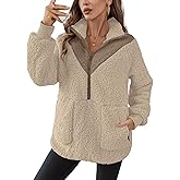 Rapbin Women Half Zip Pullover Long Sleeve Casual Fuzzy Sherpa Fleece Jacket Sweatshirts Winter Outerwear Top with Pockets