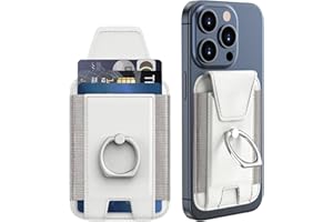 KPNEOL Magnetic Wallet Card Holder for iPhone 15/14/13/12 Series, 360°Rotation Finger Ring Kickstand, RFID Blocking, Store 7 Cards, Cell Phone Sleeves Mag-Safe Wallet, White