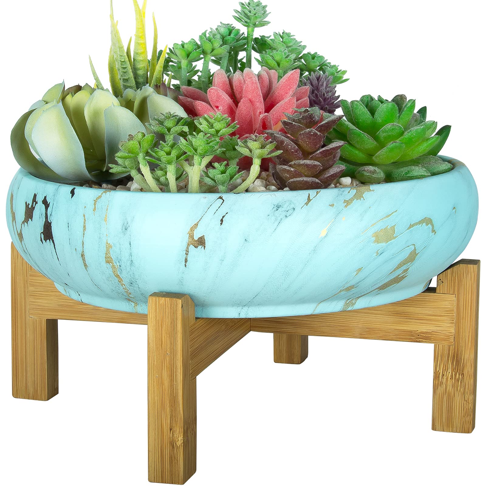 ARTKETTY Plant Pots Indoor, 25.5 CM Large Flower Pot with Drainage Stand Marble Succulent Plant Pot, Shallow Ceramic Pots for Outdoor Cactus Plants Decorative Garden Bonsai Plant Bowl