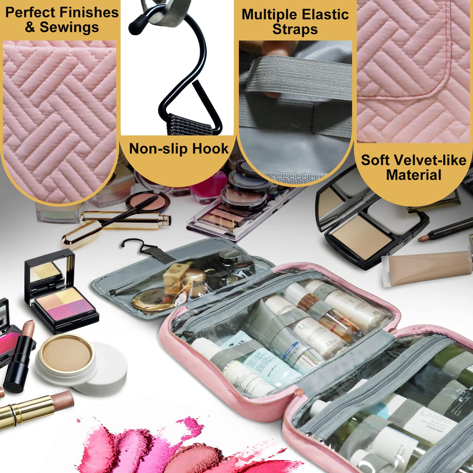 Toiletry Bag, Fashionable Hanging Bag for Women and Men, Foldable Hygiene Bag, Bathroom, and Shower Organizer Kit with Elastic Band Holders for Toiletries, Cosmetics, Makeup, Brushes (Pink)