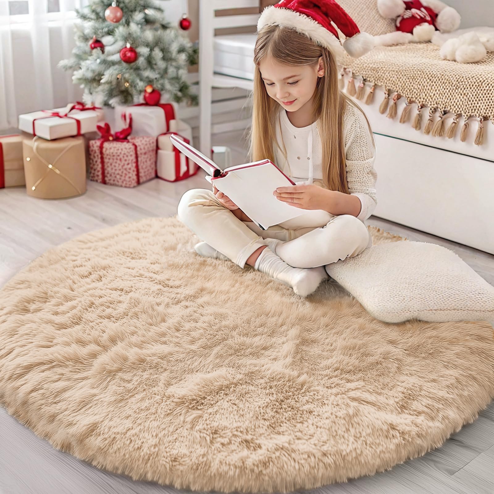 Photo 1 of OLANLY Beige Round Rugs for Bedroom - Machine Washable, 4 ft Circle Area Rugs for Living Room, Soft and Fluffy Shaggy Carpet for Teen Girls and Boys, Nursery Rooms, Dorms, Home Decor Aesthetic