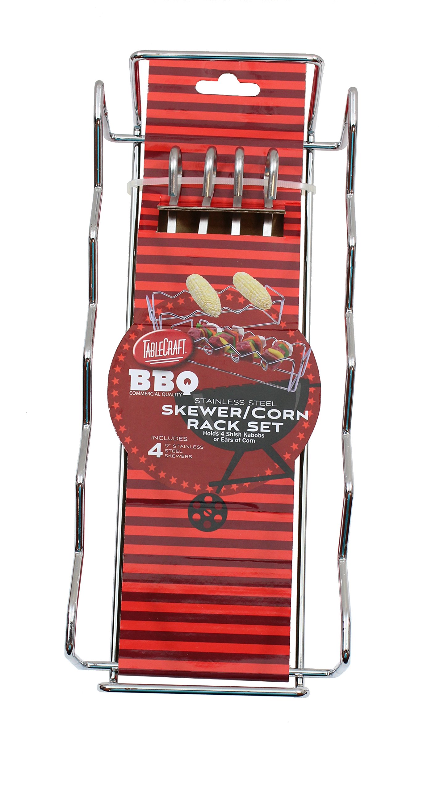 Tablecraft Corn Set, Stainless Steel Rack and 4 Skewers, 12 9 x 3-Inch (BBQ4R), Silver