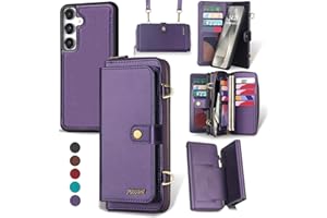 QIXIU for Samsung Galaxy S24 Wallet Case,Multi-Function Wallet Case, Detachable 3 in 1 Magnetic Galaxy S24 Case Wallet,Flip Strap Zipper Card Holder Phone Case with Shoulder Straps(Purple)