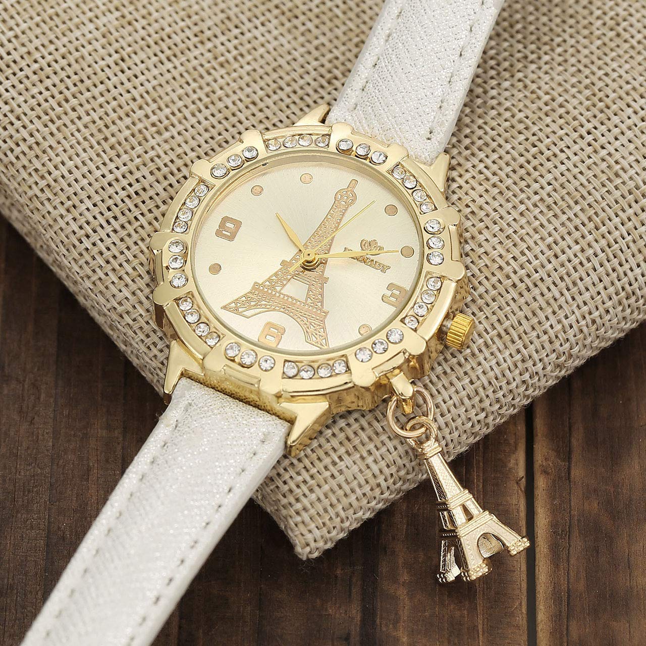 Top Plaza Womens Ladies Fashion Casual Leather Analog Quartz Wrist Watch Unique Tower Pattern Rhinestones Golen Case Dress Watches with Small Tower Charm(White)