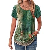 Zeagoo Womens Tops Petal Short Sleeve Summer Casual Crew Neck Shirts Floral Solid Blouse Pleated Tunics