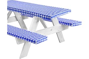 LINPRO 8ft Vinyl Fitted Picnic Table Cover with Bench Covers. Camper and Travel accessories. Checkered outdoor Picnic Tablecloth and seat Covers with Elastic Edges. Waterproof. 3 Pc Set for Patio. 96"