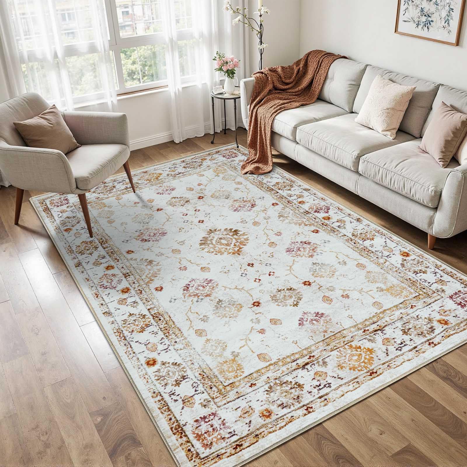 Photo 1 of FinRèc 4x6 Rugs for Living Room, Washable Vintage Floral Bedroom Rug, Non-Slip Low Pile Area Rug, Ultra-Thin Foldable Accent Indoor Carpet for Kitchen Dining Room Kids Room Home Office - Gold