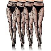 BOARDFEB 4 Pairs Black Fishnet Stocking, Black Skull Spider Web Star Bat Tights Legging Pantyhose for Women Halloween