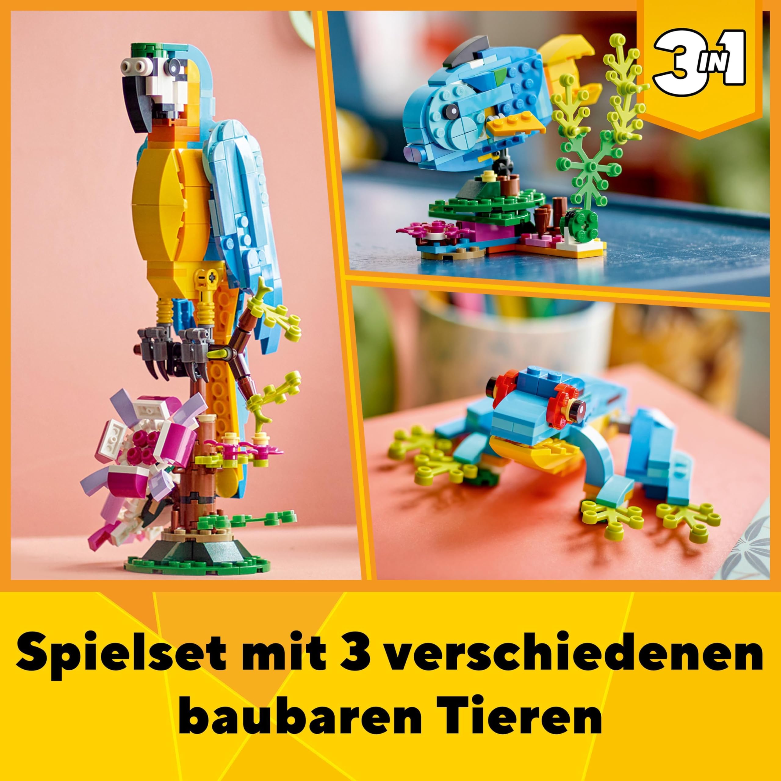 LEGO Creator 3in1 Exotischer Papagei - Konstruktionsspielzeug mit DREI Tierfiguren - Spielzeug mit Papagei, Fisch und Frosch Minifiguren - Kreatives Geschenk für Mädchen und Jungen ab 7 Jahren 31136 3