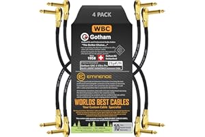 WORLDS BEST CABLES 4 Units - 15 Inch - Gotham GAC-1 Ultra Pro - Low-Cap (21pF/ft) Guitar Bass Effects Instrument, Patch Cable & Gold (6.35mm) Low-Profile R/A Pancake Type Connectors - Custom Made