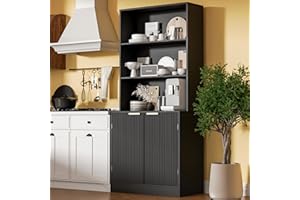 Housoul 67" Pantry Cabinet with 2 Doors, 3-Tier Modern Hutch with Adjustable Shelves, Freestanding Larder Cupboard, Kitchen Pantry Storage Cabinet for Kitchen, Dining Room, Bathroom, Black