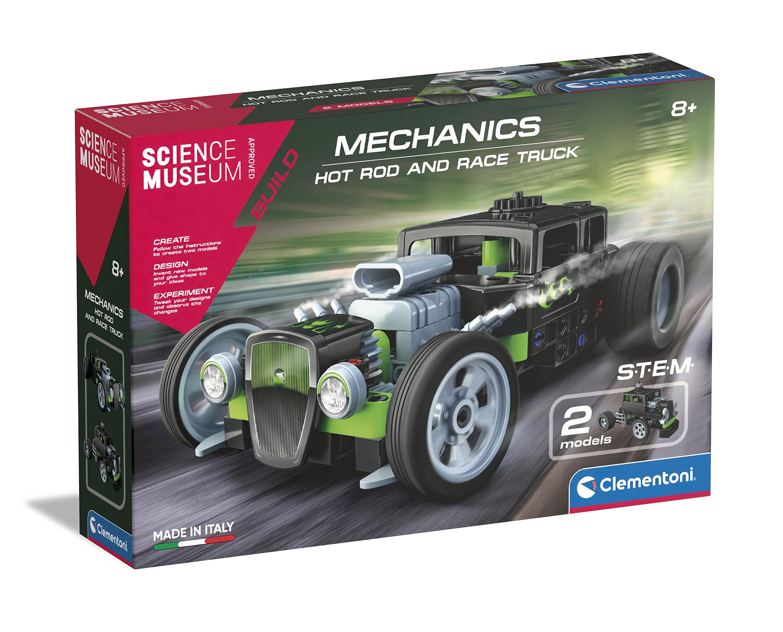 Clementoni- Science Museum Mechanics: Hot Rod & Rocket Truck Building Set, 2 Models in 1, Moving Gears, STEM Learning Toy for Kids (8+ years)
