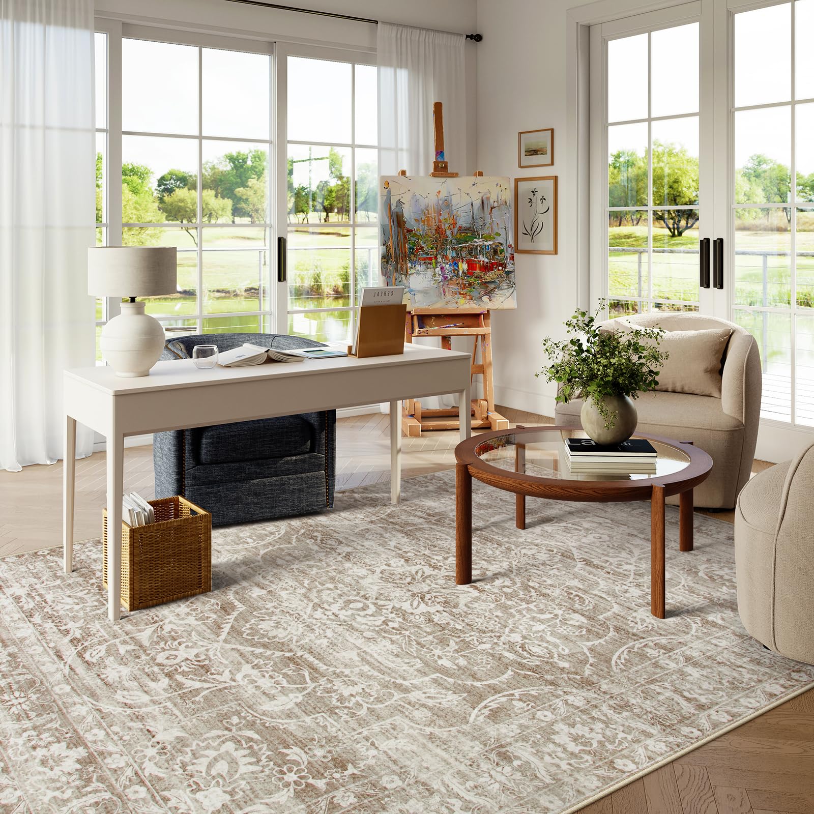Photo 1 of Lahome 4x6 Area Rug Living Room - Washable Office Rug Soft Dorm Rugs for Bedroom Non-Slip Ultra-Thin,Neutral Boho Print Farmhouse Indoor Rug for Entryway Classroom Taupe, 4'x6'