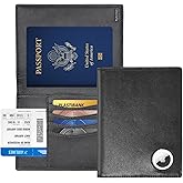 Passport Wallet With Airtag for Travel, Leather Passport Holder for Men and Women, RFID Blocking Bifold Passport Cover With Credit Card Holder (Black)