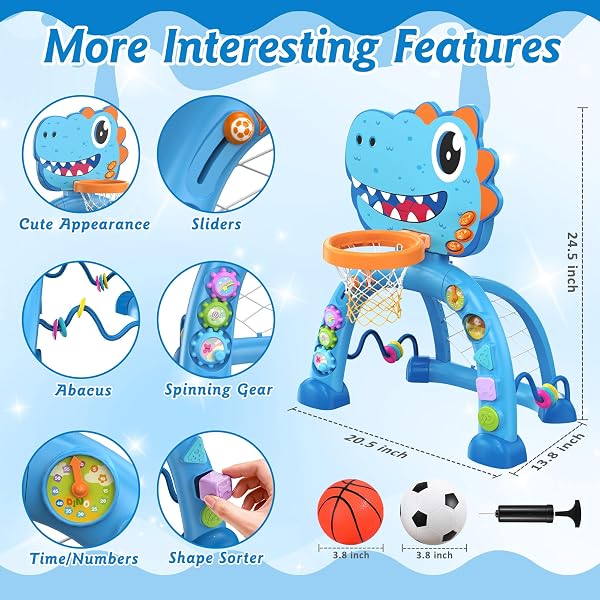 DINOSAUR TOYS FOR 1 YEAR OLD BOY AND GIRL, TWINKOO BASKETBALL HOOP & SOCCER GOAL MONTESSORI TOYS WITH SOUND AND MUSIC FOR BABY 12-18 MONTHS,GIFT FOR 1 YEAR OLD BOY GIRL(BLUE)