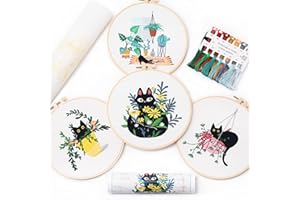 REEWISLY 4 pcs of Embroidery Kits with Patterns and Instructions, DIY Adult Beginner Cross Stitch Kits, Including 2 Plastic Embroidery Hoop, 1 Pair of Scissors, Colored Threads and Needles