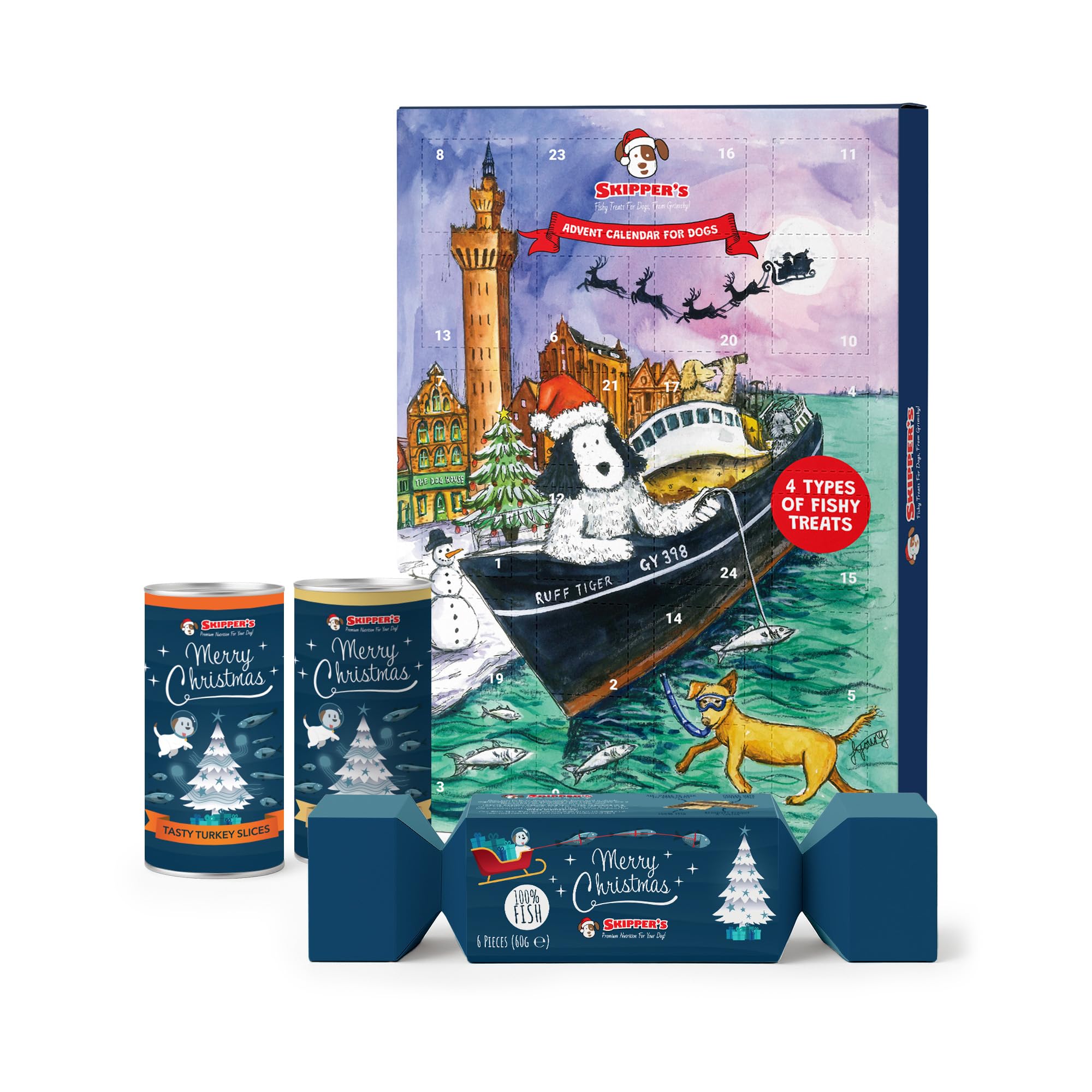 SKIPPER'S Christmas Bundle Dog Treats 2025 - Includes Advent Calendar, Christmas Cracker with Flatties, Tasty Turkey Slices, Luxury White Fish with Cranberry Cubes | Xmas Dog Treats
