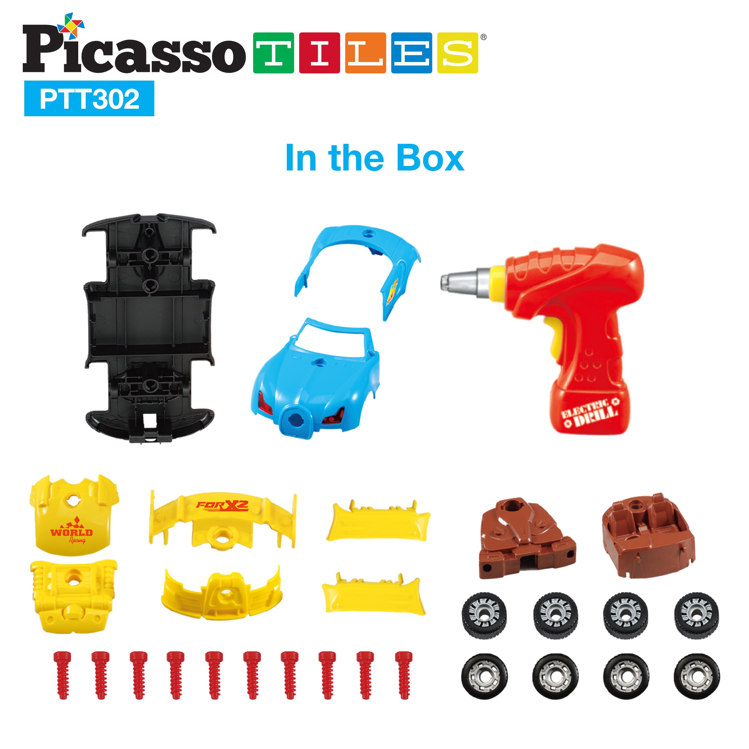PicassoTiles Take-A-Part Race Car Set with LED, Engine Sound, Mini Electric Power Tool Reversible Drill, Screws Included PTT302 2-in-1 DIY Construction Build Your Own 30pc Racing Car S.T.E.A.M. Kit
