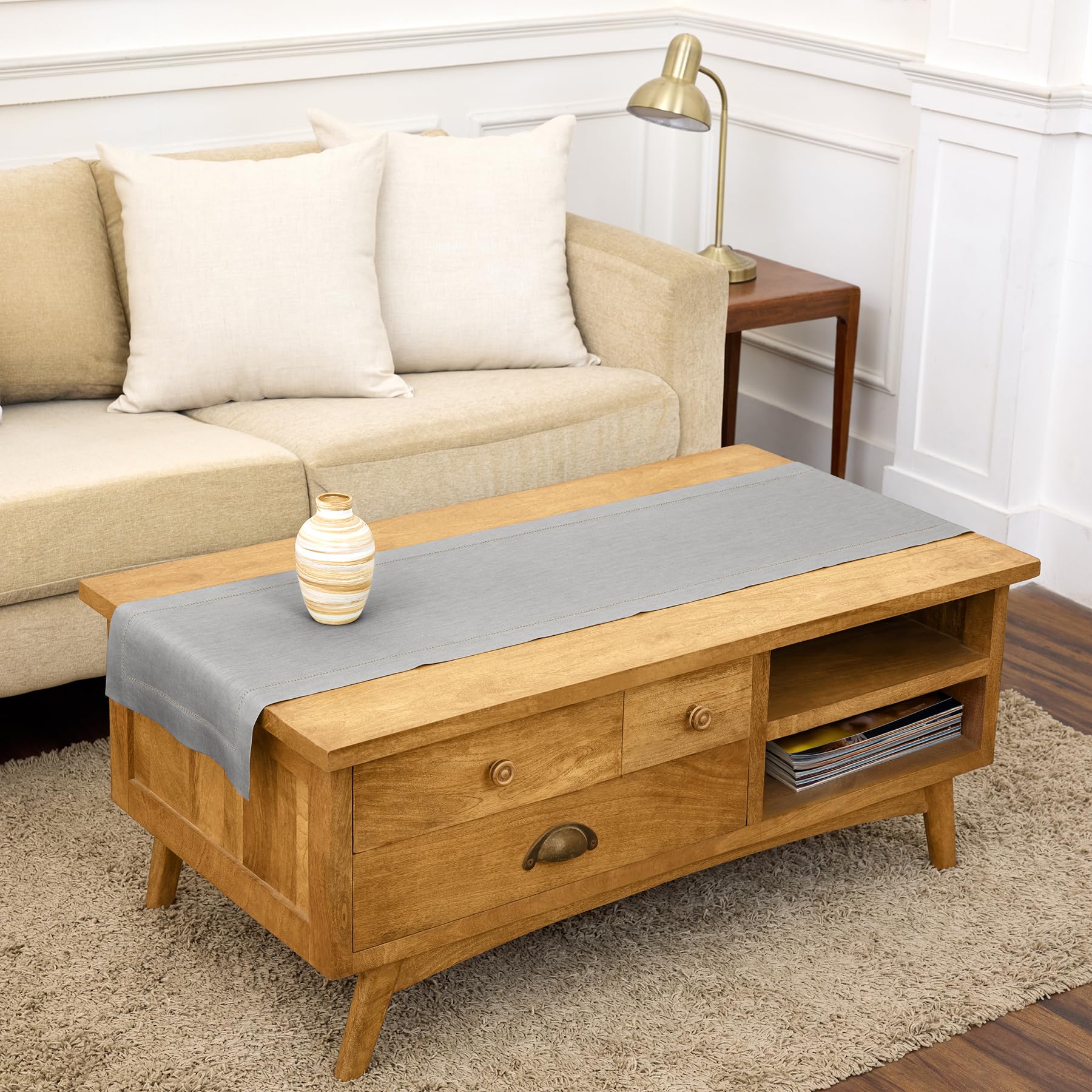 Solino Home Linen Soft Grey Table Runner 48 Inches - Classic Hemstitch, 100% Pure Linen Coffee Table Runner 14 x 48 Inch Ideal for Dresser Tables - Winter, Spring, Easter, Mothers Day