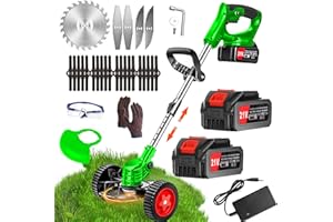MYSTIQUE MAISON Electric Weed Wacker 21V Cordless Weed Wacker 4.0AH Battery Operated Weed Wacker with 2PCS Batteries and 3 Types Blades&Auxiliary Wheel Lightweight Brush Cutter for Yard and Garden Grass Trimmer