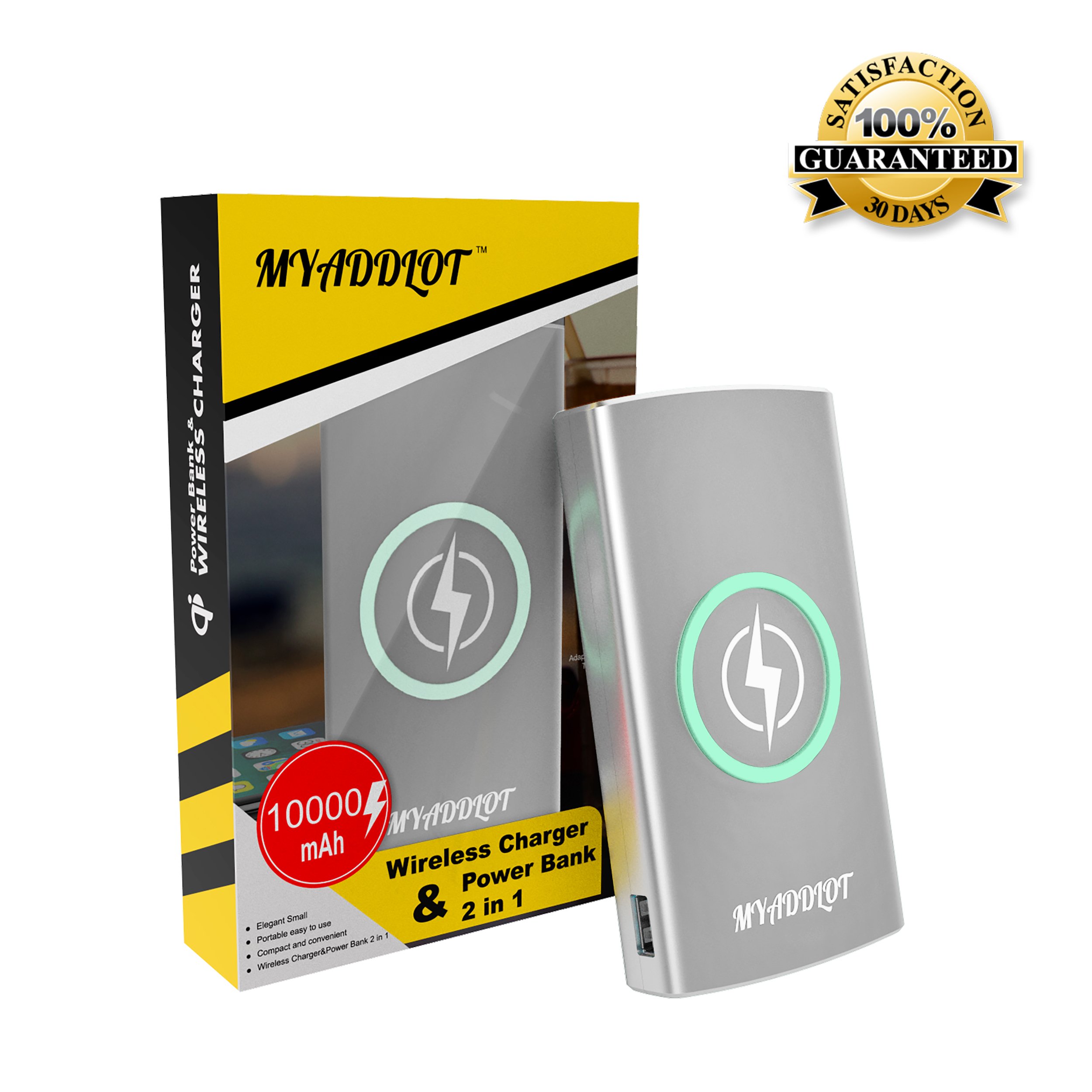 Wireless Charger Power Bank REAL 10000mAh External Battery Wireless Charging Station for iPhone X / 8 / 8 Plus Galaxy S9 / S9+ / S8 / S7 / Note 8 and Other Qi-Enabled Phones by Myaddlot(Sliver)