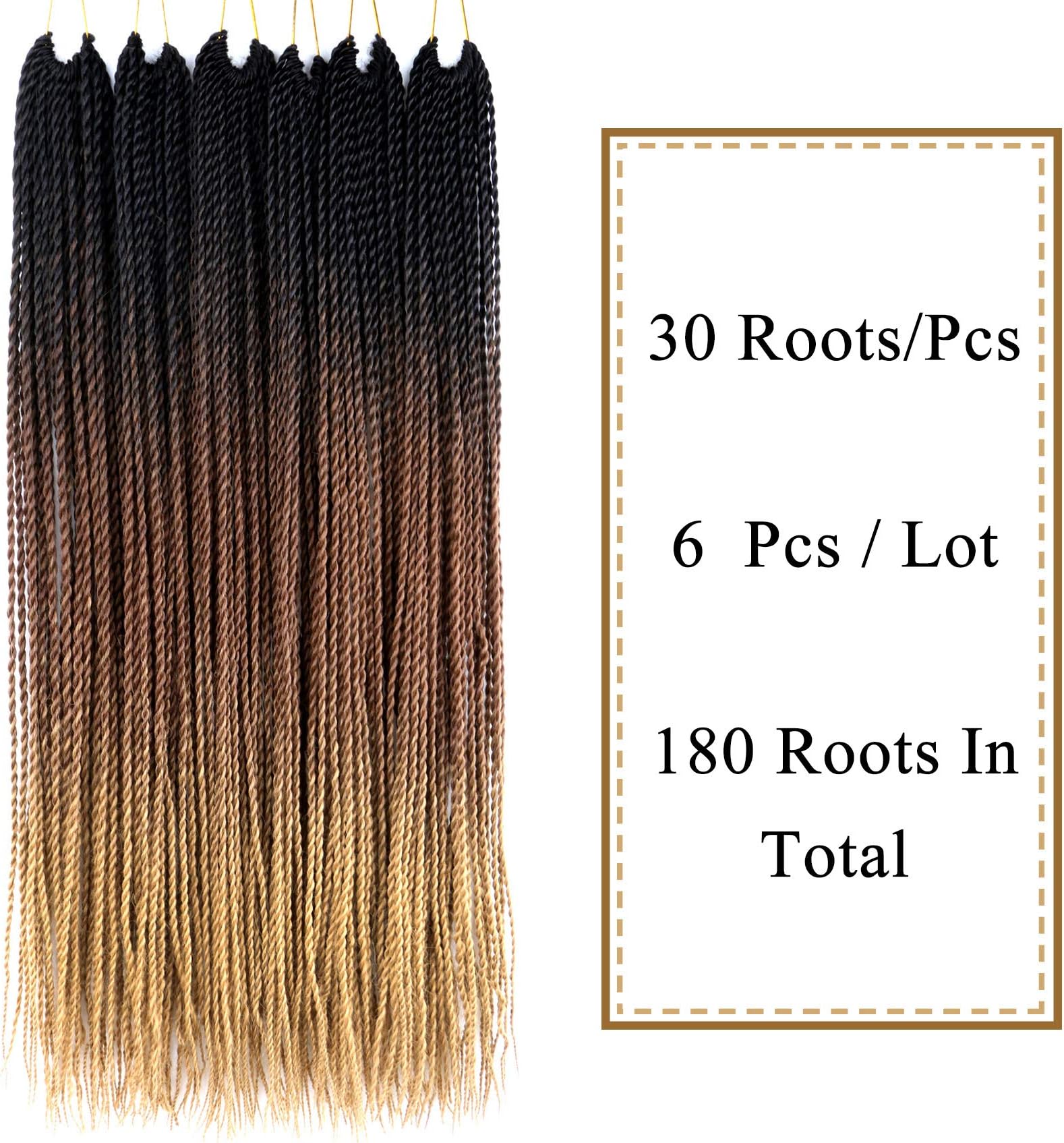 VCKOVCKO 6 Packs Ombre Synthetic Hair Senegalese Crochet Twist Braiding Hair 30 Roots/Pack,6Pcs/Lot,100g/Pack 24" (60CM) Kanekalon Ombre Braiding Hair Extensions(Black-Brown-Light Brown)