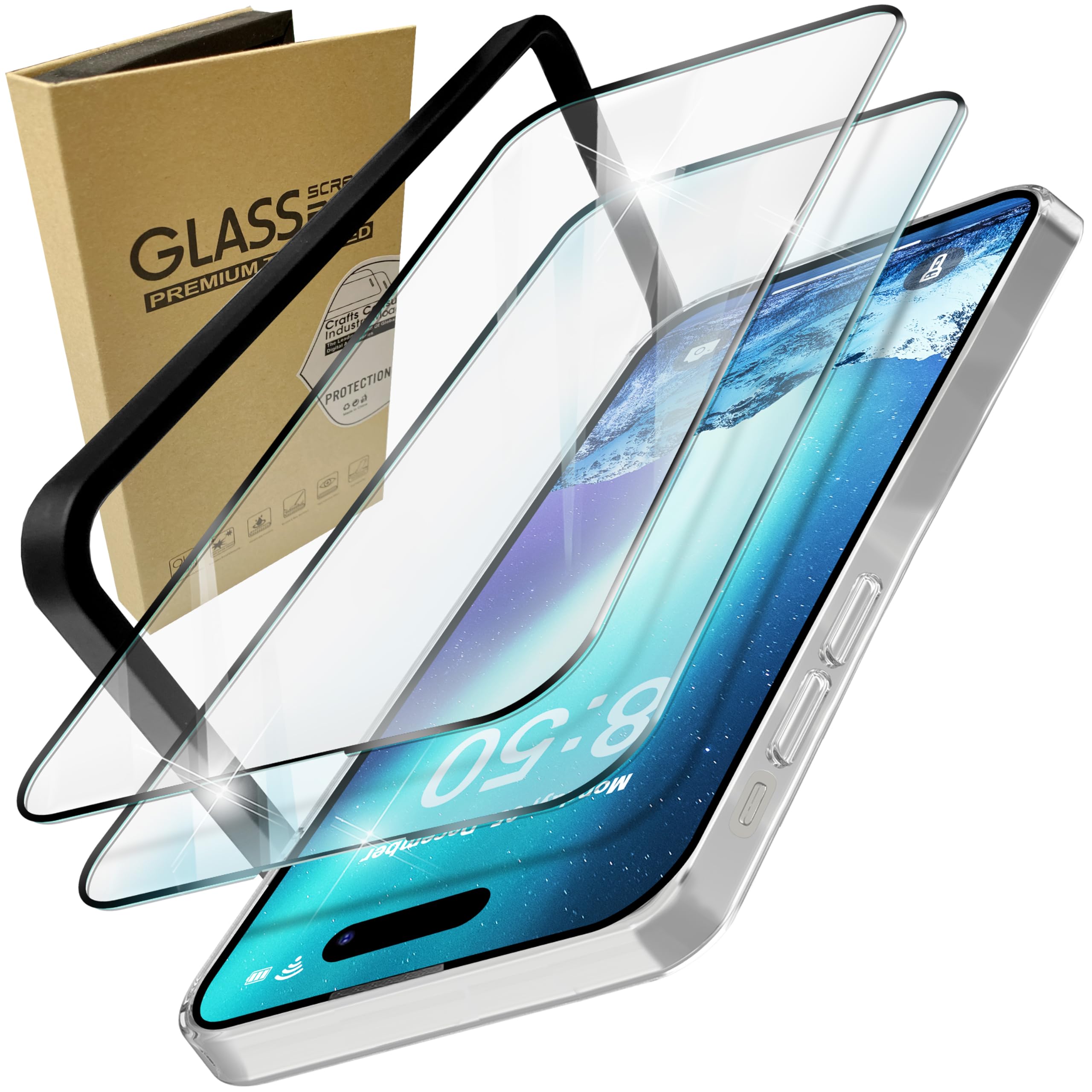 NALIA Screen Protector Set compatible with iPhone 15 Pro Max Glass - 2x Display Protection Glass & 1x Template, Clear 9H Full-Screen Tempered Glass Foil [Case-Friendly], Applicator Easy Install Kit