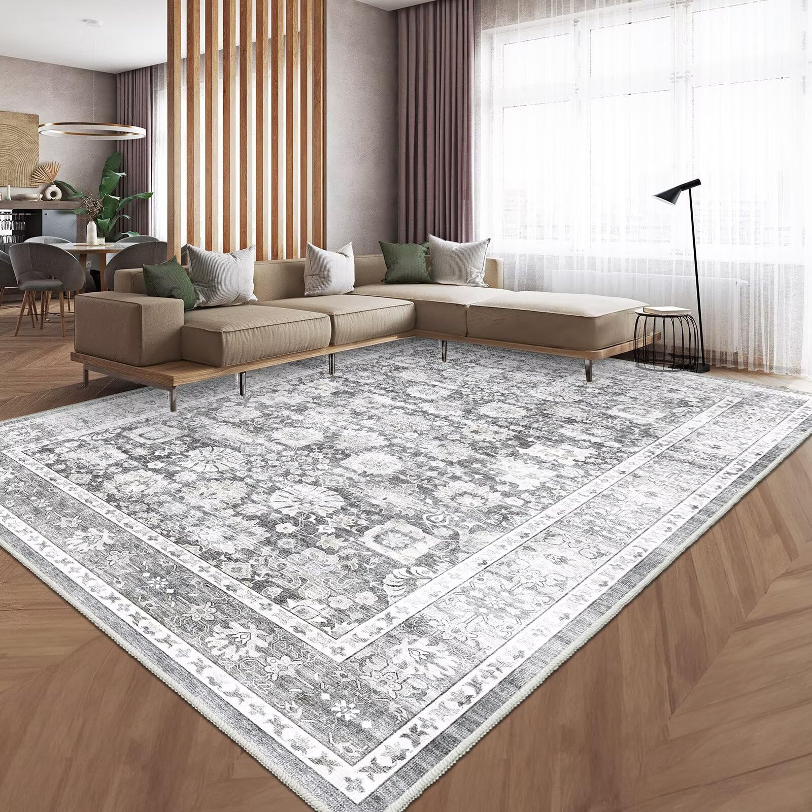 Photo 1 of HOMFINE Machine Washable Rug 9'x12' - Vintage Design Area Rugs with Non Slip Rugs for Living Room Bedroom Floral Print Rug Carpet Stain Resistant, Home Decor Office Area Rug, Light Grey