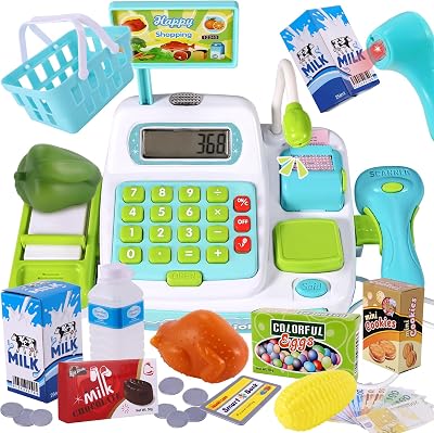 BUYGER Kids Pretend Play Till Cash Register with Scanner and Light Sounds