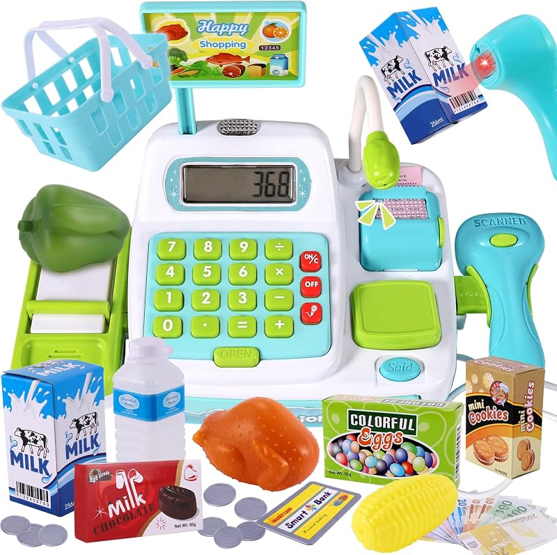 BUYGER Kids Pretend Play Till Cash Register with Scanner and Light Sounds