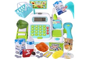 BUYGER Kids Pretend Play Cash Register with Scanner and Credit Card Calculator - Supermarket Grocery Playset for Kids Ages 4-8