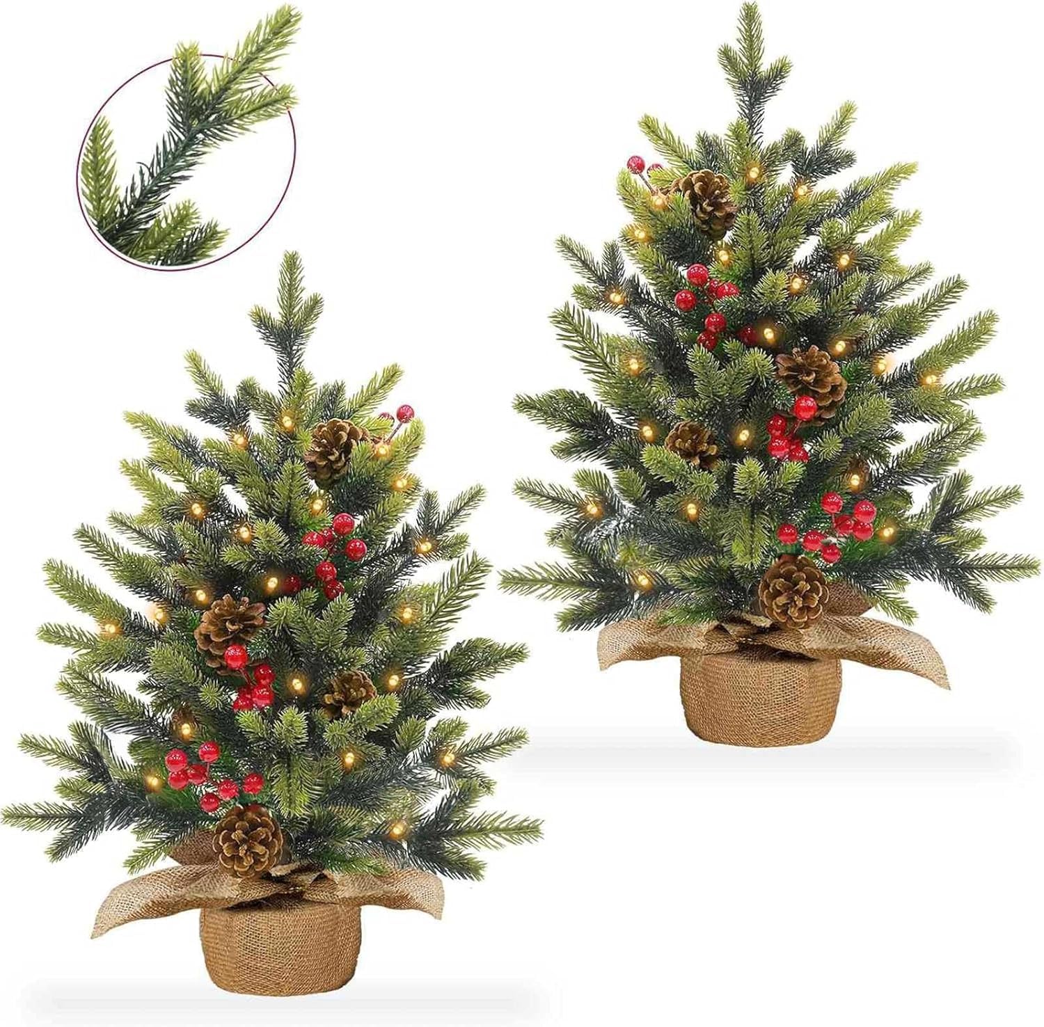Photo 1 of 2 Pack 24 Inch Tabletop Small Christmas Trees with Lights Timer Realistic-Feel PE Pine 2 Ft Artificial Mini Christmas Tree Battery Operated Red Berries Pinecone Christmas Decoration Indoor Xmas