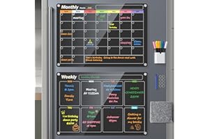 BAILKIND Acrylic Magnetic Dry Erase Board for Fridge, 2-Pack Monthly & Weekly Calendar Planner Note Blackboard Set for Refrigerator/Wall/Glass/Kitchen, 6 Colors Markers (16"x12")