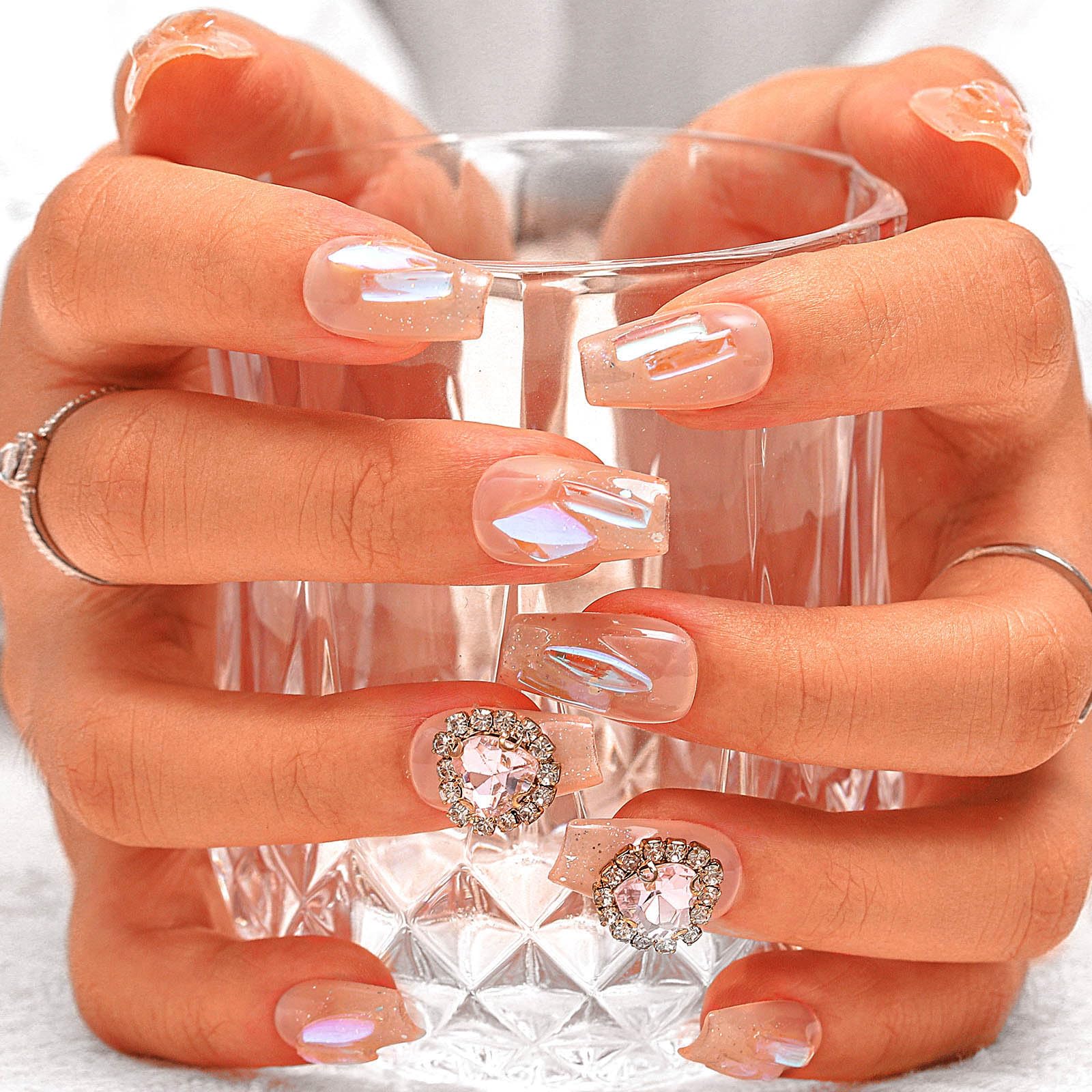 Sethexy Short Coffin Handmade False Nails - Sparkly Rhinestone, Glitter, 3D Heart Press on Nails Women Salon Stick on Nails 10PCS