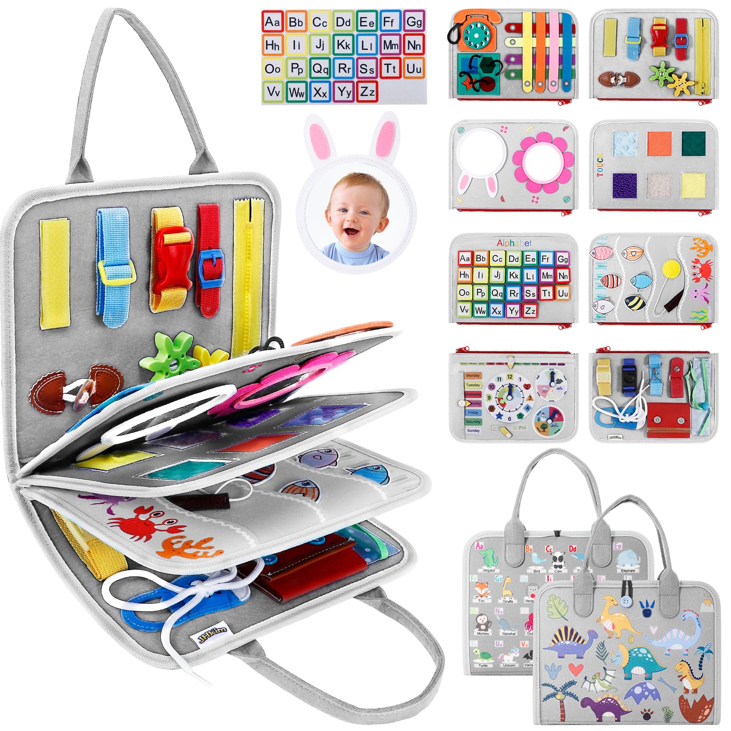 JHkim Busy Board Montessori Toys for 1 2 3 4 Year Old Boy Girl Gifts, Autism Sensory Travel Toys for Toddlers, Educational Activity Sensory Busy Book, Preschool Learning Fine Motor Skills Toys, Gray