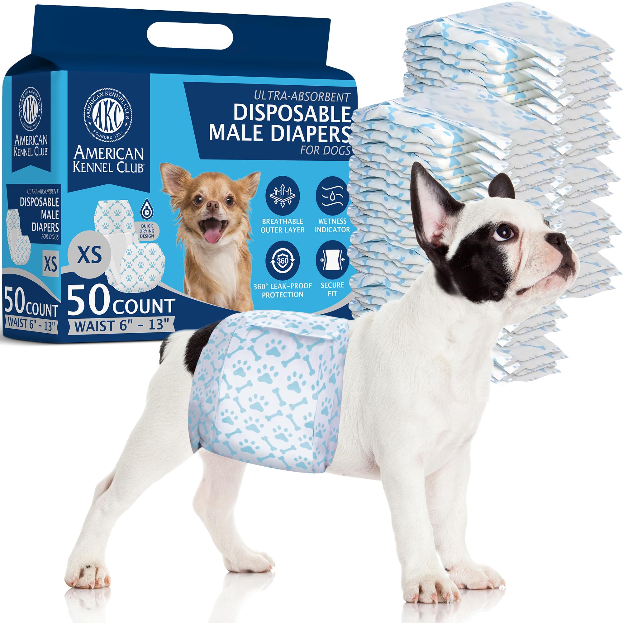 Photo 1 of American Kennel Club Male Dog Wrap, Disposable Diapers with Wetness Indicator, X-Small, 50 Count