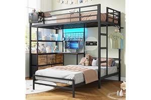 DICTAC Bunk Bed with L-Shaped Desk,5 Storage Drawers and 2 Shelves Metal Twin XL Over Twin Bunk Bed with LED Lights and Charging Station,bunk Beds with Safety Guardrail & Ladder,Space-Saving,Black
