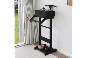 GLSCASA Wooden Valet Stand for Men, Suit Valet Stand with Top Tray, Storage Drawer, Bottom Shoe Rack, Freestanding Clothes Rack for Living Room, Entryway, Bedroom (Black with 1 Storage Drawers)