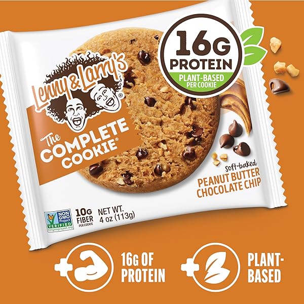 LENNY & LARRY’S COMPLETE PROTEIN COOKIE, [PEANUT BUTTER CHOCOLATE CHIP], CHEWY SOFT BAKED, 16G PLANT PROTEIN, VEGAN, NON-GMO, HIGH FIBER, [4 OUNCE] COOKIE (PACK OF 12)