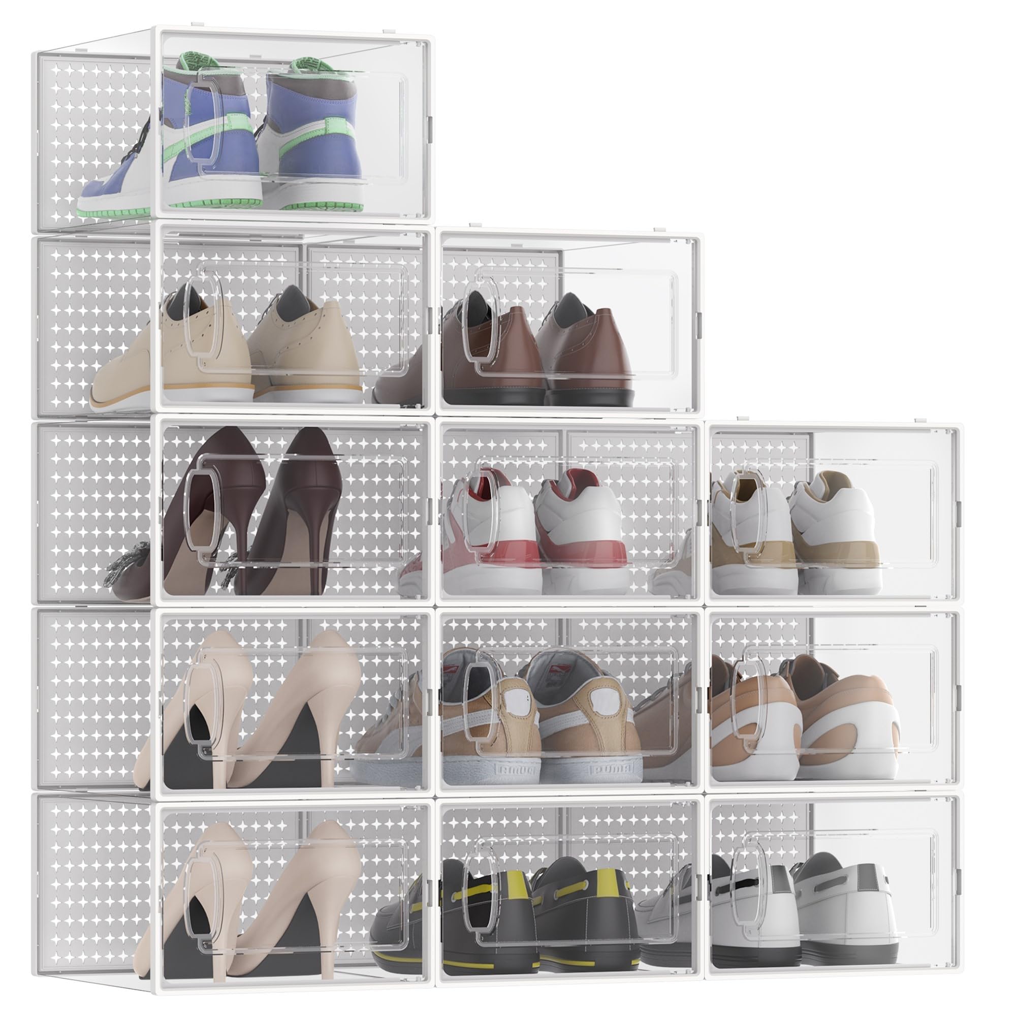 Photo 1 of 12 Pack Large Modular Clear Plastic Stackable Shoe Storage Organizer for Closet, Space Saving Versatile Sneaker Shoe Rack Containers Bins Holders, Portable Closet Organizers and Storage, White