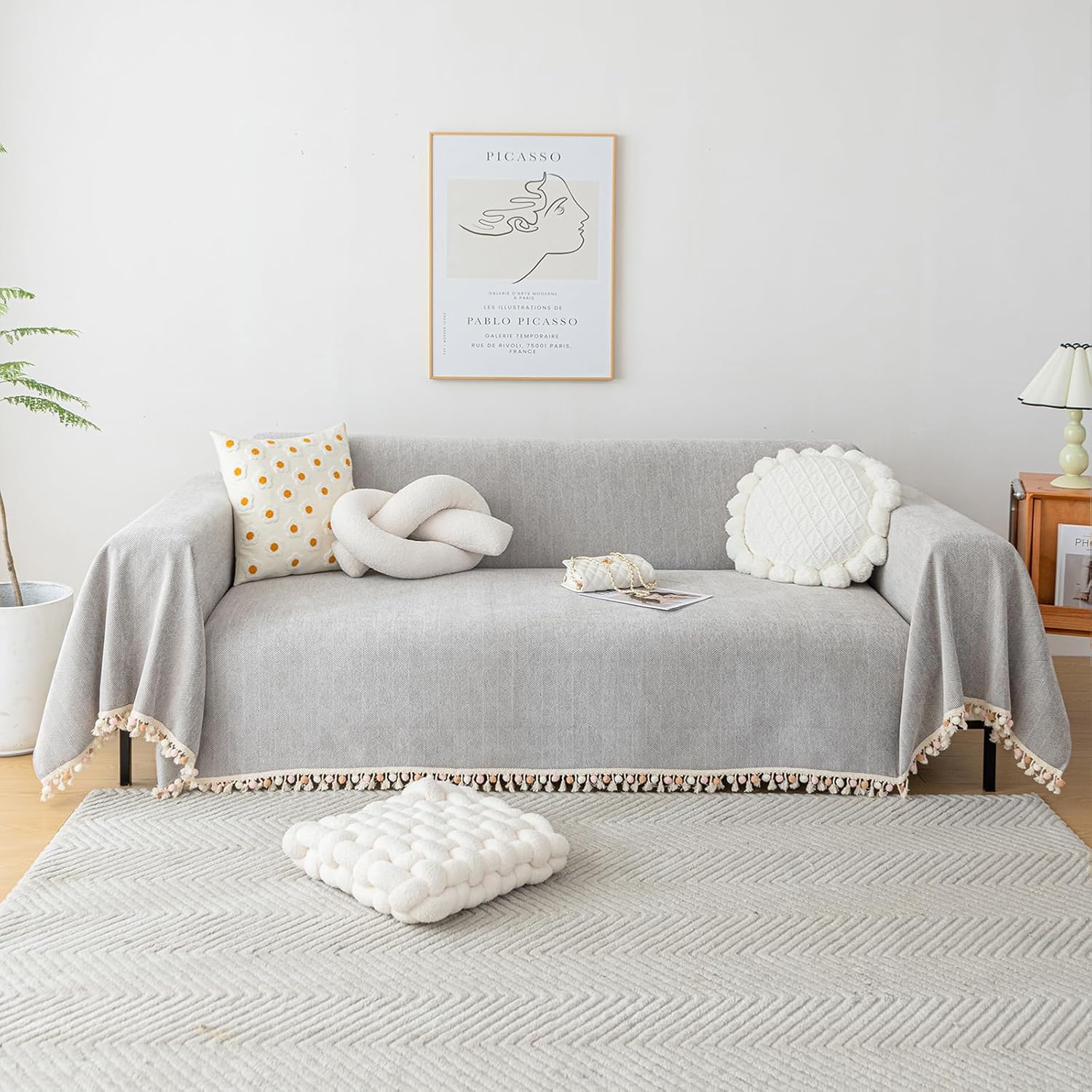 Slipcovers - HANDONTIME Chenille Sofa Cover for Couch Boho Outdoor Couch Cover for 3 Seat Couch Dog Couch Covers Sofa Protector Colorful Tassel Sofa Sectional Cover Grey 71