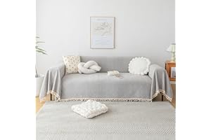 HANDONTIME Grey Sofa Cover for Couch Boho Couch Cover for 3 Seat Couch Dog Couch Cover Love Seat Couch Covers light Grey Sofa Sectional Cover 71" X118" Tassel Chenille Sofa Covers Futon Cover