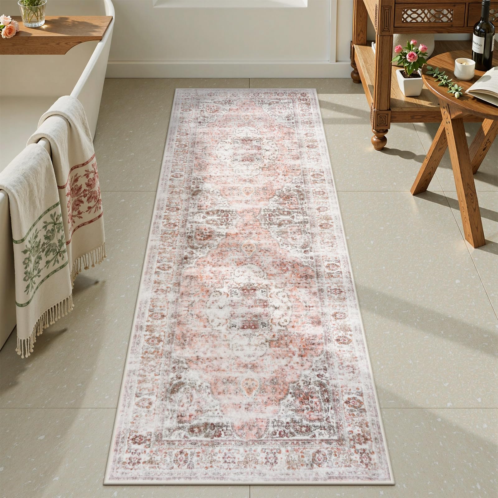 Uphome Bathroom Rugs Runner, Distressed Farmhouse Boho Blush Pink Bath ...