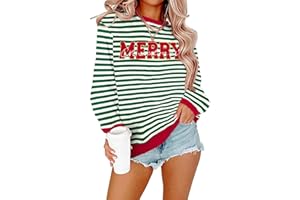 KIDDAD Christmas Sweatshirts for Women Glitter Patch Merry Christmas Letter Print Sweater Embroidered Striped Pullover Tops